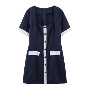 Robe Courte Décontractée Vintage à Col Carré et Manches Courtes Color Block pour Femme, Modèle 2026, Conception Personnalisée, Fabrication OEM par Usine Chinoise - Product Image 1