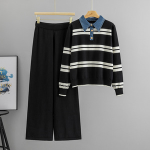 Women's <b>Knit</b> Striped Sweater <b>Set</b> With Denim Collar Full Length Pants Casual Outfit 2026 Autumn Winter - Product Image 2