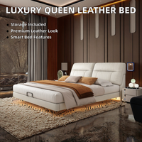 Lit Queen en Cuir Moderne de Luxe avec Lumières LED, Cadre en Bois Inclinable et Rangement Intelligent