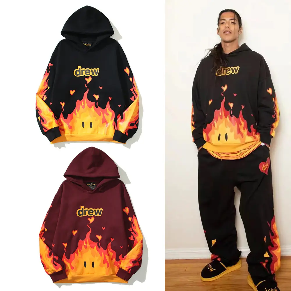 Quality Cotton Hoodie Draw Flame Smiley Printed Velvet Hooded Sweater for Men and Women High Street Couple Hoodie Jacket