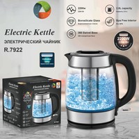 Bouilloire Électrique Sans Fil Portable en Verre avec Infuseur à Thé, Sans BPA, Anti-chauffe à Sec, 2L, Norme UE, pour la Maison et le Bureau
