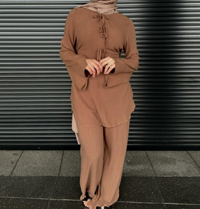 <span class=keywords><strong>2025</strong></span> अबाया 2 पीसी सेट मुस्लिम मामूली कपड़ों के प्राकृतिक लिनन कपास टाई बाया पैंट सूट के लिए महिला टॉप और पैंट सेट - Product Image 3