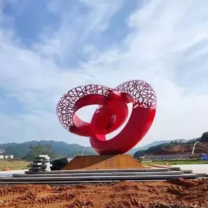 Grosir jantung wall sculpture-Patung Besi Tahan Karat Berdiri Gratis, Patung Seni Air Mancur Lingkaran Baja Tahan Karat Merah Berdiri Bebas