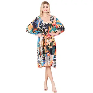 Custom designs digital printed cotton plus size kaftan beachwear dress summer