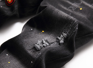 Celana Jeans Pria Hitam Stretch Slim Straight Vintage Gothic Hip Hop Musim Dingin Vintage Berwarna Rivet Berlian Leopard Patchwork - Product Image 5