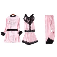 Pyjama long de luxe en soie glacée de polyester pour femme, motif rayé avec strass et dentelle assortie, collection automne, nouveauté tendance