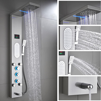 Panneau de douche mural multifonctionnel en acier inoxydable et céramique avec LED, robinets thermostatiques, effet pluie et massage, finition chromée