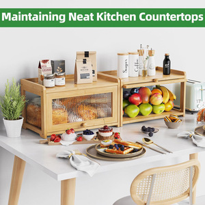 Bamboo Bread Box Rectangle Multifunctional Storage With Glass Door <b>Kitchen</b> Use - Product Image 2