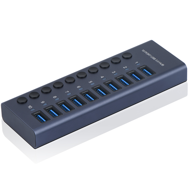 10-Port Super Speed 5Gbps USB Hub with Independent Switches PD Quick Charge Aluminum Alloy USB 3.0 in Stock