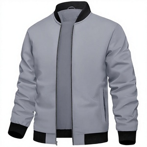 Men Grey Bomber <b>Jacket</b> Stand Collar <b>Zipper</b> Closure Windproof Polyester Autumn Wear Regular Fit Solid Color <b>Pockets</b> - Product Image 1