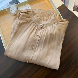 Nouvelle <span class=keywords><strong>chemise</strong></span> <span class=keywords><strong>en</strong></span> <span class=keywords><strong>satin</strong></span> pour <span class=keywords><strong>femme</strong></span>, collection Printemps-Été, couleur unie, manches longues, col montant, style rétro français, manches lanternes, boutonnée - Product Image 4