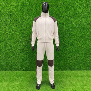 Survêtements d'hiver pour hommes, survêtement beige pour hommes avec accents marron, fermeture éclair intégrale, poches latérales, vêtements décontractés d'automne, polyester et coton - Product Image 1