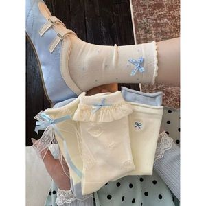 Calcetines a media pantorrilla para mujer, con lunares, lazo de encaje azul, doble ribete, absorbentes del sudor, transpirables, estilo coreano, para colegialas, lindos y dulces - Product Image 2
