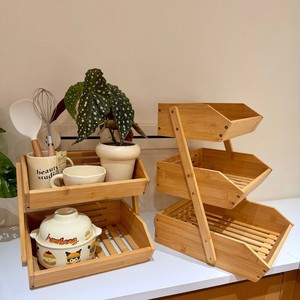 Escurridor de bambú de tres niveles, tamaño L, apilable, cesta de almacenamiento para cocina, organizador de encimera para frutas y verduras - Product Image 1
