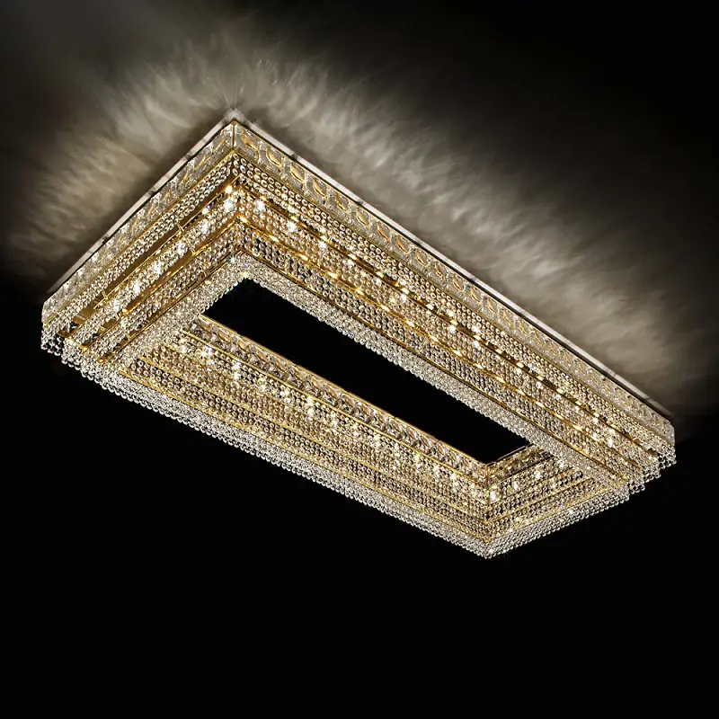 Custom Gold Restaurant House Decoration Hotel Wedding Large Rectangle Crystal Ceiling Light With Gold Frame