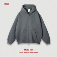 Hoodie OSTAR Custom OEM ODM Full Zip, Fleece Tebal, Fit Longgar, Bordir Puff Print, Drop Shoulder