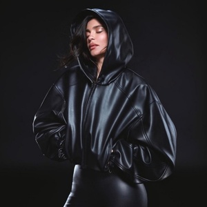 Fashion PU <b>Leather</b> Winter Breathable Motorcycle Crop Short Bomber Zipper Hoodie Women's <b>Long</b> Sleeve <b>Jacket</b> - Product Image 5