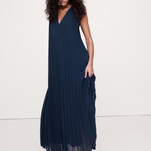 เดรสยาวทรงวีคอลึกผ้าฝ้ายโพลีเอสเตอร์สีน้ำเงินคุณภาพสูงสำหรับฤดูร้อน สไตล์ลำลอง แขนกุด เหมาะสำหรับผู้หญิง - Product Image 1