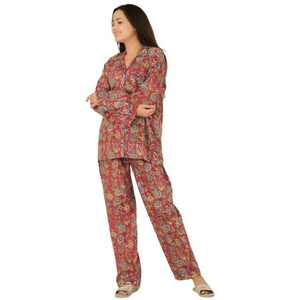 Printed Nightwear Set 100% Cotton Long Sleeve Button Up Woven Shirt and Full Length <b>Pants</b> Soft Breathable Summer Pajama Set - Product Image 4