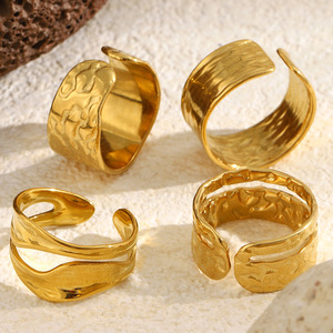 Stainless Steel 18K <b>Gold</b> PVD Plated Hammered Textured Open Cuff <b>Ring</b> Trendy Adjustable Wide Band Finger <b>Ring</b> <b>Set</b> For Women - Product Image 5