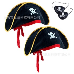 Pirate Captain Hat <b>Black</b> Skull Design Red <b>String</b> Halloween Costume Prop - Product Image 5