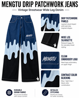 MENGTU Jeans personnalisés pour hommes, style patchwork, vintage, streetwear, denim color block, pantalon large, broderie, décontracté, baggy, OEM
