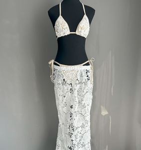 Etiqueta personalizada ESTOQUE Triângulo Branco Top Lace 3 Peças Beachwear Com Longo Beachdress Sexi Mulheres Maiô Biquíni Set - Product Image 5