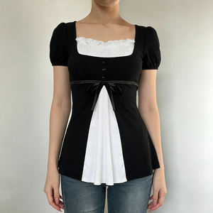 Sweet Girl Style Black White Colorblock Ruched Square Neck Tie Front Babydoll Hem <b>Top</b> Casual Basic Short Sleeve Tee - Product Image 5