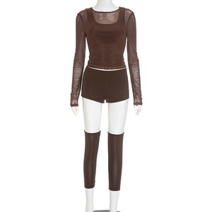 Nouvel ensemble quatre pièces TKS pour <span class=keywords><strong>femme</strong></span> : débardeur sexy en maille, haut à manches longues, short moulant et cache-tibias - Product Image 3