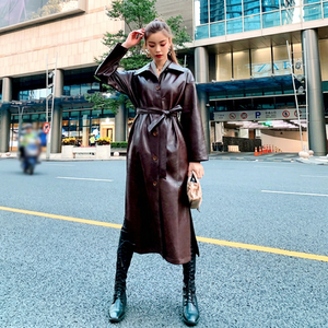 Coupe-vent en coton Trenched Slimmed-fit Street-Wear Respirant en cuir véritable Ceinturé Longed Fashion Women Manteaux en cuir - Product Image 1