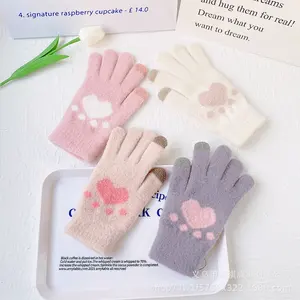 Landfond-guantes de invierno gruesos y cálidos para mujer, guantes de punto con pantalla táctil de oso de amor