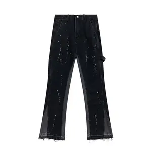 Hand-painted micro-ripped jeans tight and tall all-in-1 cross American High street colorstacked flare jeans men raw denim