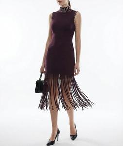 Abito Lungo Estivo da Donna di Alta Qualità, <span class=keywords><strong>Senza</strong></span> <span class=keywords><strong>Maniche</strong></span>, Collo Alto, Lavorato a Maglia, Aderente, con Spacco e Frange, Tinta Unita - Product Image 1