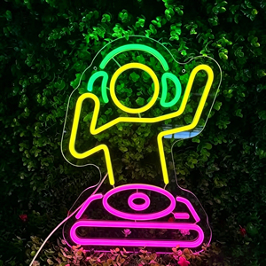 <b>Neon</b> LED <b>Sign</b> DJ Turntable With Headphones Pink Yellow Green Waterproof IP65 Mounted Bar Decor 3000K Warm <b>Light</b> - Product Image 1