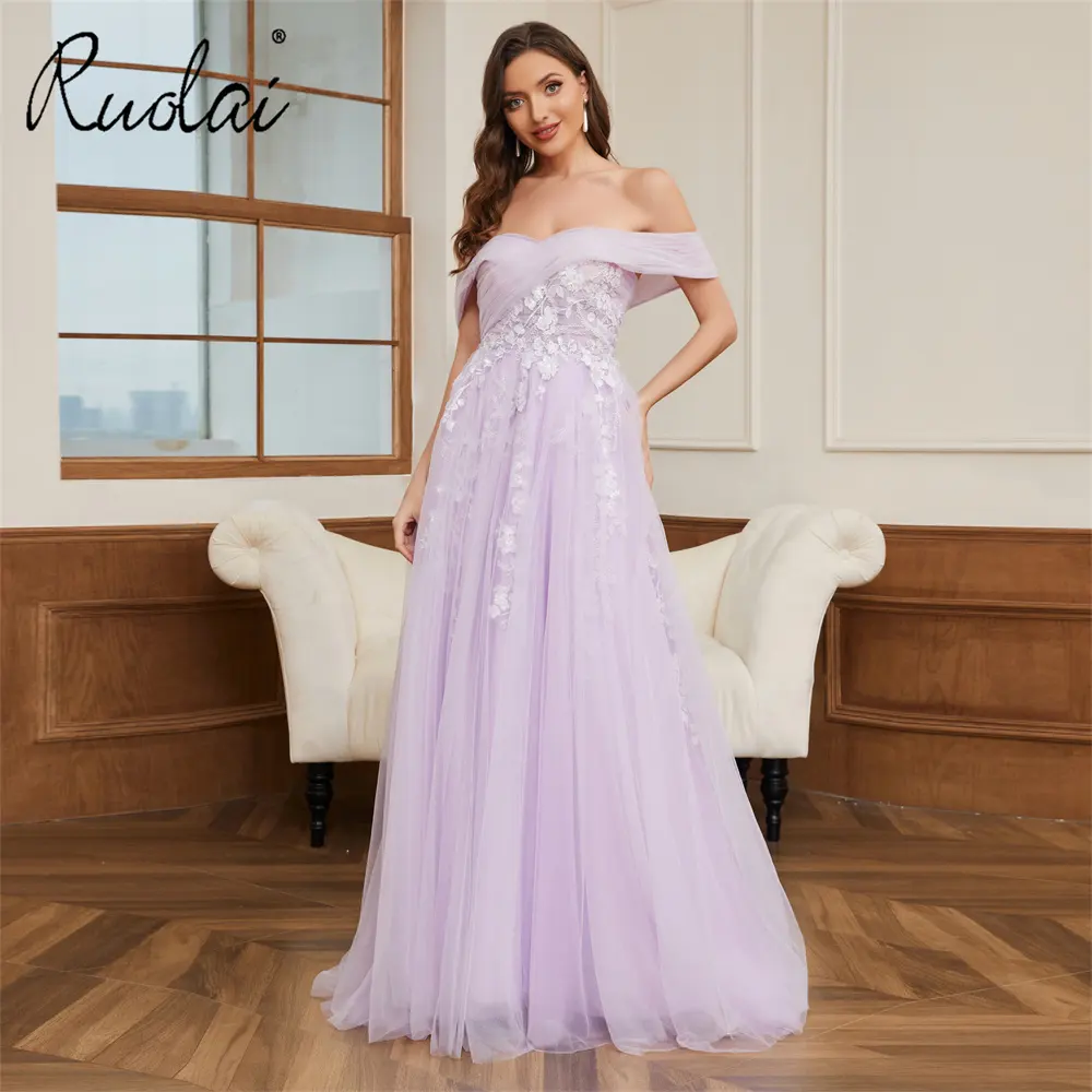 Ruolai LWC6717 Elegant Off-sleeve Chiffon Lavender Purple Evening Gowns V-neckline Zipper Party Dresses for Women