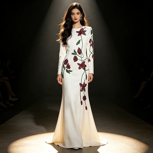 Abito Lungo da <span class=keywords><strong>Donna</strong></span> Elegante e <span class=keywords><strong>Glamour</strong></span>, in Tessuto Solido, con Decorazioni di Strass e Perline, Vita Alta, Vestito Slim con Strascico a Cappella, Abito di Lusso - Product Image 6
