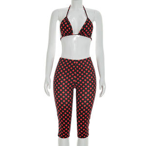 Viviblook J26ST079 Ensemble trois pièces pour femme, style été, comprenant un soutien-gorge triangle, un haut à manches courtes à pois et un pantalon court - Product Image 5