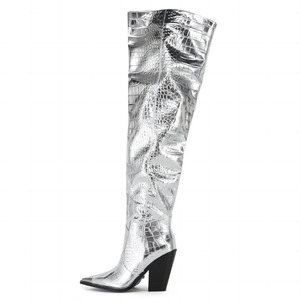 Women Silver Animal Prints Custom Styles Over Knee High <b>Boots</b> Ladies Middle Wedge Heels Shoes Metal Pointed Toe Long Booties - Product Image 3