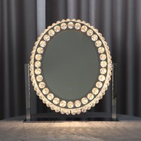 Miroir de maquillage ovale de luxe à LED avec lumières, bord en cristal, variateur tactile, rotation à 360 degrés, miroir de table pour la coiffeuse, taille personnalisée