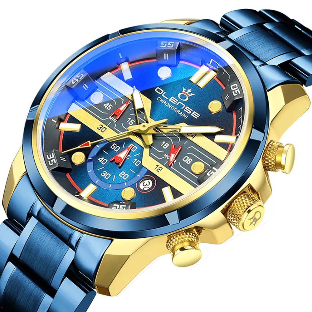 OLENSE 2021 शीर्ष नई पुरुषों क्वार्ट्ज घड़ी स्वचालित तारीख घड़ी स्टेनलेस स्टील के निविड़ अंधकार क्रोनोग्रफ़ फैशन आकस्मिक घड़ी