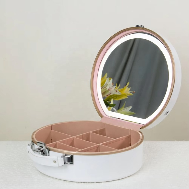 KONCAI Custom Round Cosmetic Bag Handbag With Mirror and LED Light Travel Makeup Case