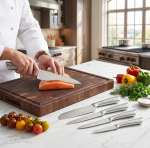 Ensemble de <span class=keywords><strong>couteaux</strong></span> de cuisine professionnels en acier inoxydable 3Cr13, 5 pièces |    Ensemble de <span class=keywords><strong>couteaux</strong></span> utilitaires Chef Santoku |   Poignée creuse à texture hexagonale - Product Image 4