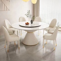 Esstisch-Set mit Drehbarem Lazy Susan, Runder Gesinterter Steinplatte, Geriffelte Basis in Cremeweiß mit Goldverzierung für Esszimmer, Hotel, Villa