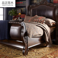 Lit double de luxe classique de style américain en bois massif sculpté 1,8 m pour chambre principale, avec base en cuir véritable, idéal pour villa