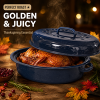 Plat à rôtir ovale en émail bleu pour dinde, avec couvercle, en acier moucheté, résistant au four, idéal pour Thanksgiving, commandes en gros