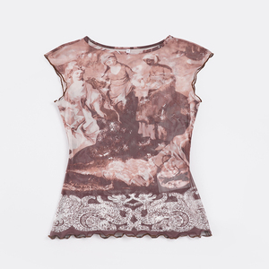 Women’s Y2K Vintage Mesh Printed T-Shirt Sexy Sheer Lace <b>Patchwork</b> Boat Neck Slim Fit Cap Sleeve <b>Top</b> without arm sleeves - Product Image 6