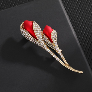 Broche de flor de tulipán con diamantes de imitación rojos para mujer, elegante broche de boda, aleación de zinc, microincrustaciones, decoración de cristal completo - Product Image 2
