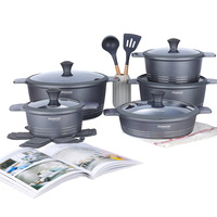 Lot de 15 ustensiles de cuisine en aluminium forgé, comprenant une marmite à soupe de 20/24/28/32 cm et une casserole peu profonde de 28 cm, compatible gaz uniquement, avec triple ligne argentée et design époustouflant