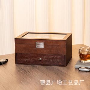 Caja de almacenamiento de relojes de madera para escritorio, con tapa de cristal y cajón para relojes de hombre y mujer, madera maciza, rectangular, color retro, GZ 217 - Product Image 1