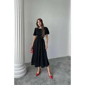 Wholesale <b>Black</b> Balloon Sleeve Belted Dress O-Neck A-Line Cut-<b>Outs</b> Woven <b>Fabric</b> Daily Casual Wear - Product Image 3